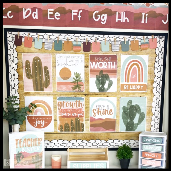 Boho Desert is a calm classroom decor theme that creates a peaceful and tranquil feel in your classroom. Deep magenta, green, and gold tones make this theme calm.