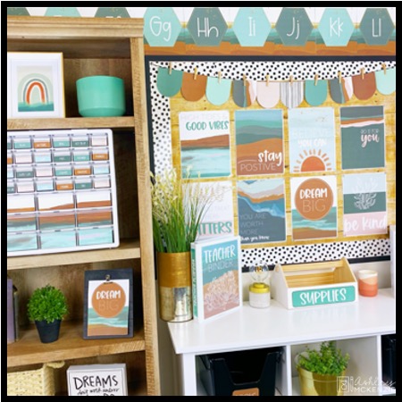 Calm coastal classroom decor theme, featuring blue, green, and brown hues. The calming decor is perfect for decorating your entire classroom for a tranquil vibe.
