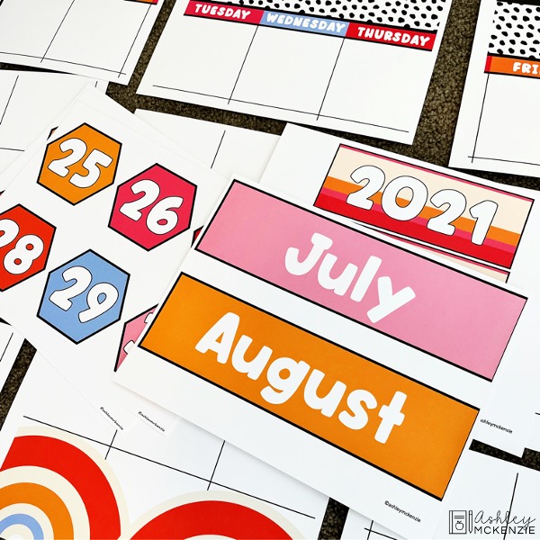 Colorful classroom calendar items including months, years, and date cards you can print from home