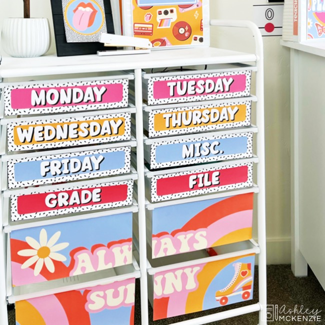 Retro themed rolling cart labels, perfect for visually stunning teacher organization