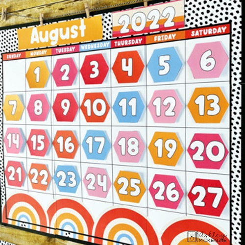 Retro Vibes Classroom Calendar; this colorful retro themed calendar prints oversize and can be easily printed from home