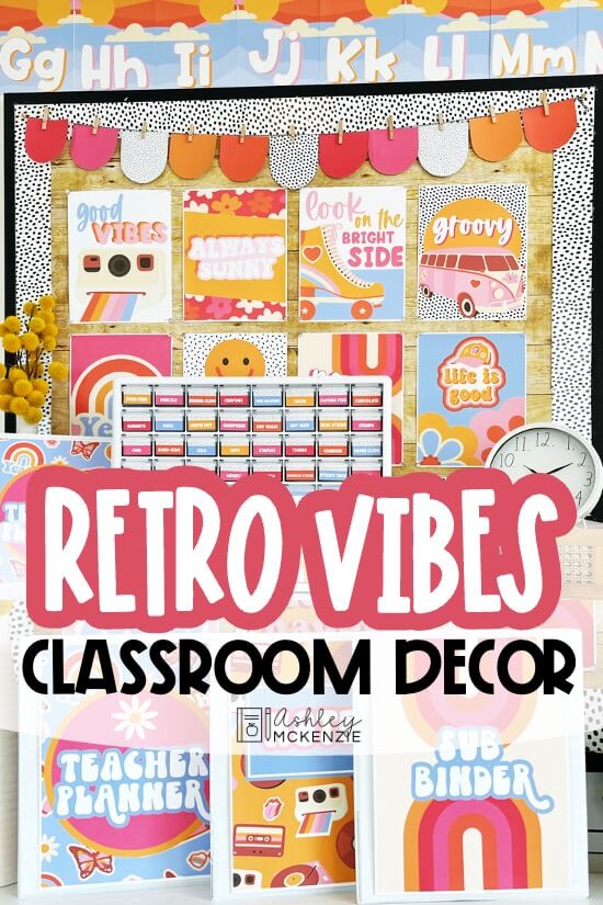 Retro classroom decor theme featuring bright colors, fun throwback images like VW Van, smiley faces, flowers, roller skates, and more