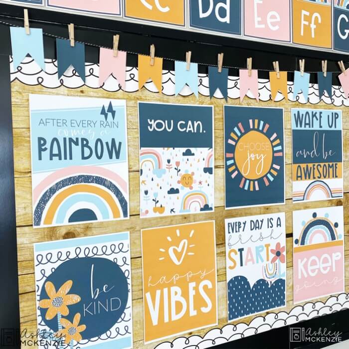 Boho Rainbow Classroom Decor Theme featuring rainbows, flowers, and sun images. This decor creates a festive and visually stunning feel in your classroom.