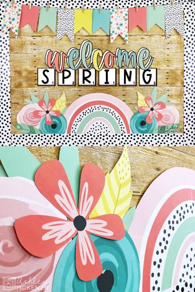 Bright, festive spring classroom decor featuring a bulletin board that says "Welcome Spring" in a modern font. A rainbow and brightly colored flowers decorate the board as well.