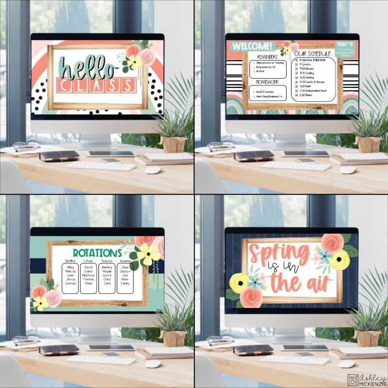 Boho Spring Google Slides Templates show multiple design options all in a fun, classy spring theme. 