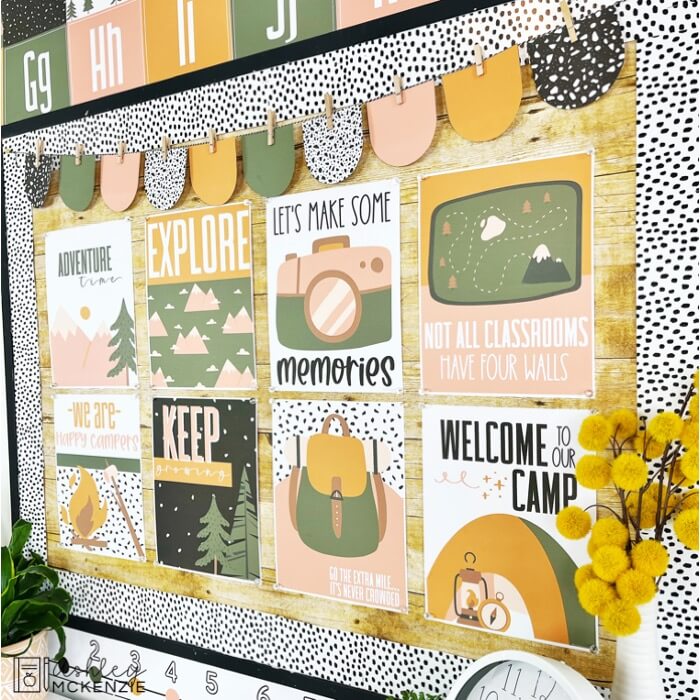 Adventure themed classroom posters framed by matching decorative bulletin board banners. Features a calm terrazzo design.