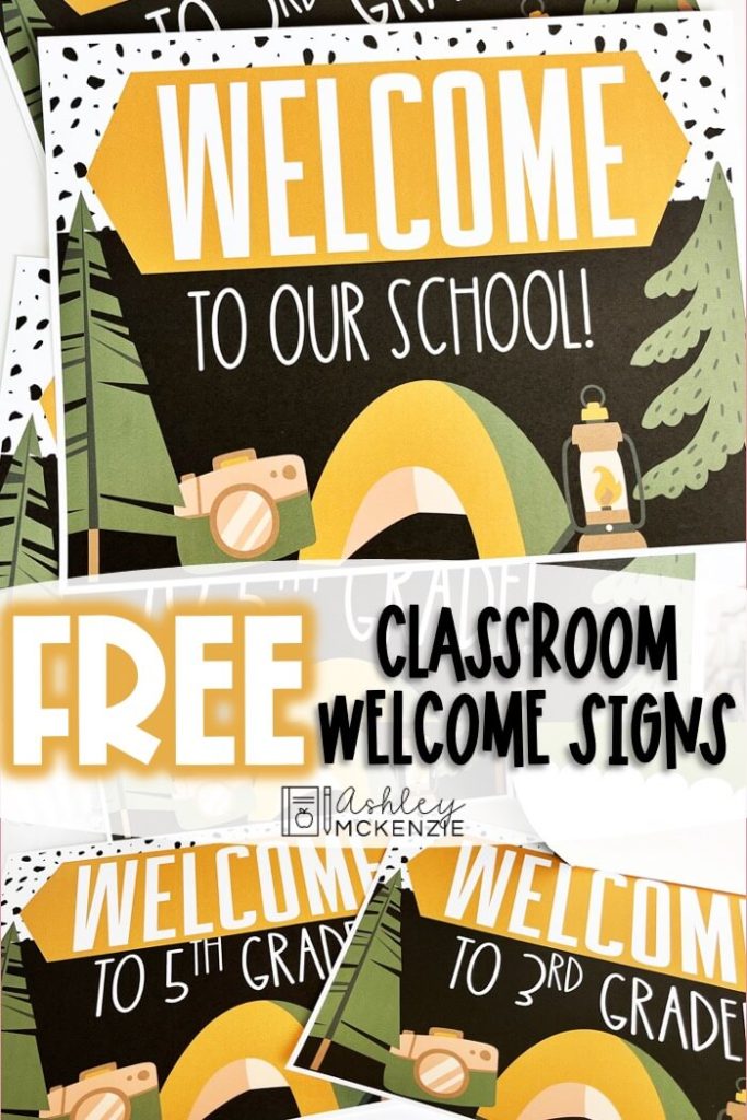 Free classroom welcome signs featuring a camping adventure theme! Multiple saying options included.