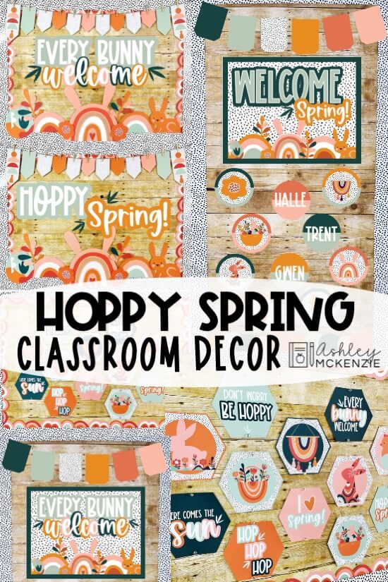 Spring classroom decor ideas featuring a fun twist on traditional spring decor themes. Matching bulletin board designs, classroom door decorations, and classroom posters are shown in a coordinating theme.