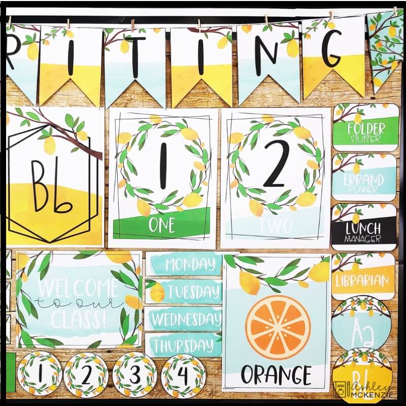 Lemon Classroom Decor Theme is bright and cheerful, featuring yellow, blue, and green hues.