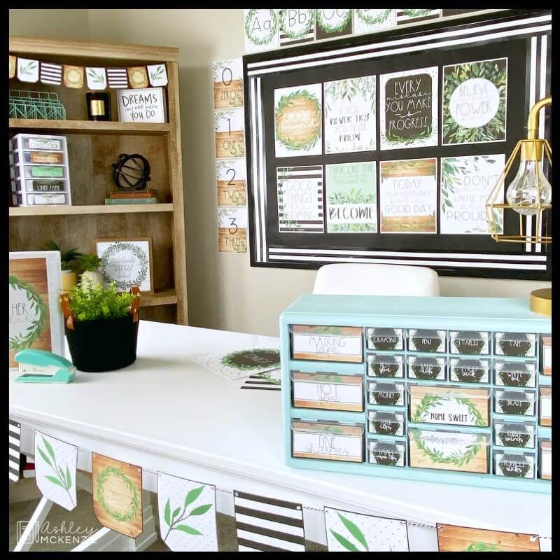 A modern and stylish take on farmhouse classroom decor. Neutral tones and simple greenery create a calm and peaceful environment with this decor theme.