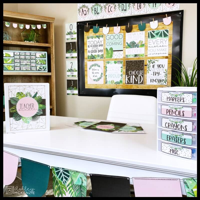 A modern take on tropical decor, perfect for creating a calm classroom environment. Greenery and light pink accents make this a soothing decor choice.