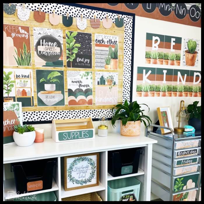 Calming plant life classroom decor theme perfect to create a peaceful classroom atmosphere. Earthy tones and greenery create a refreshing feel.