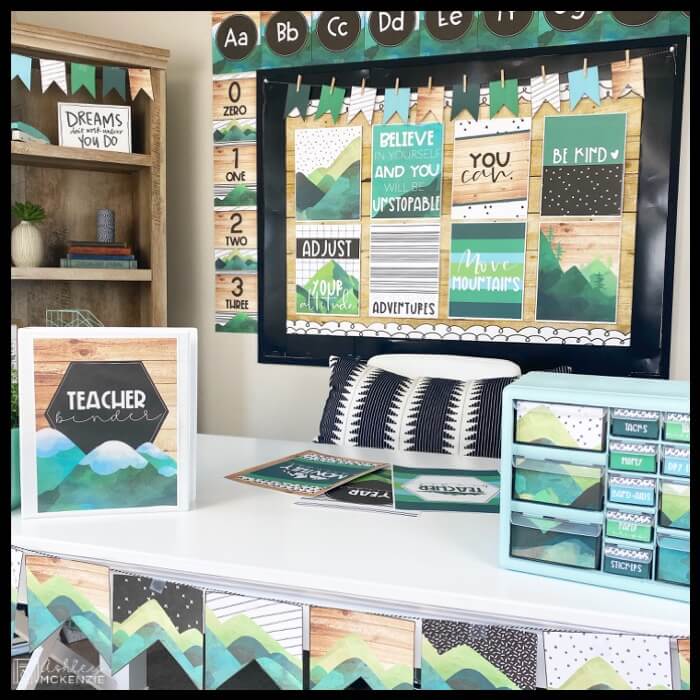Scandinavian Mountains Classroom Decor creates a calm and peaceful environment in your classroom. The green, blue, and brown color scheme brings a tranquil vibe.