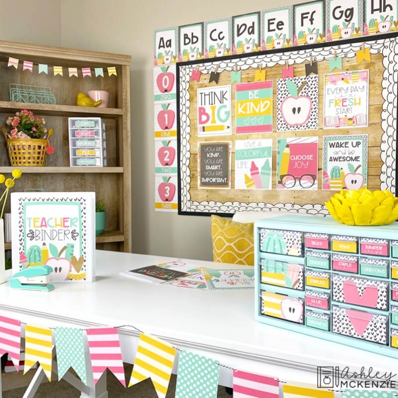 School Supplies is a bright classroom decor theme featuring green, pink, and yellow tones. The fun school images create a cheerful vibe.