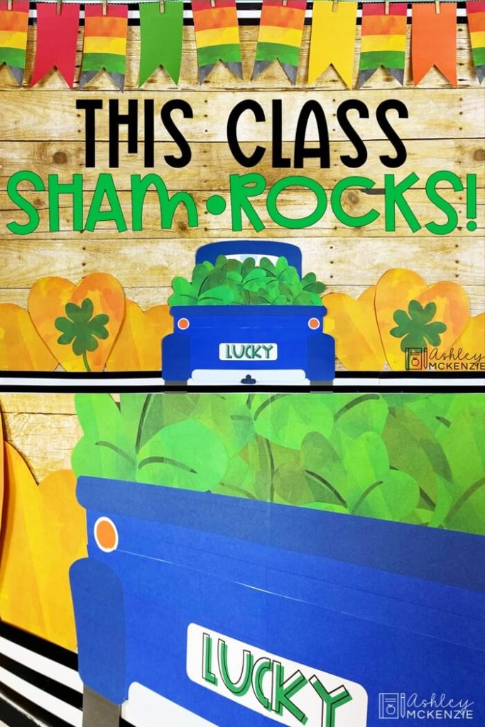A classic blue truck is featured in this Saint Patrick's Day Classroom Decor bulletin board kit.