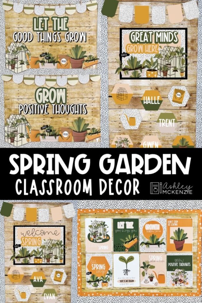 Spring Garden themed classroom decor bundle including multiple bulletin board designs, classroom door decor, and a set of classroom posters in a peaceful, nature inspired theme.