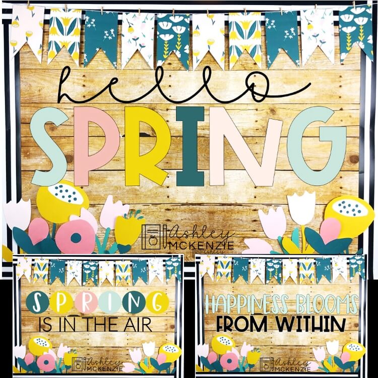 Spring classroom decor ideas featuring a vintage floral theme in calm spring colors. Three bulletin board designs are shown with the sayings "Hello Spring," "Spring is in the air," and "Happiness blooms from within."