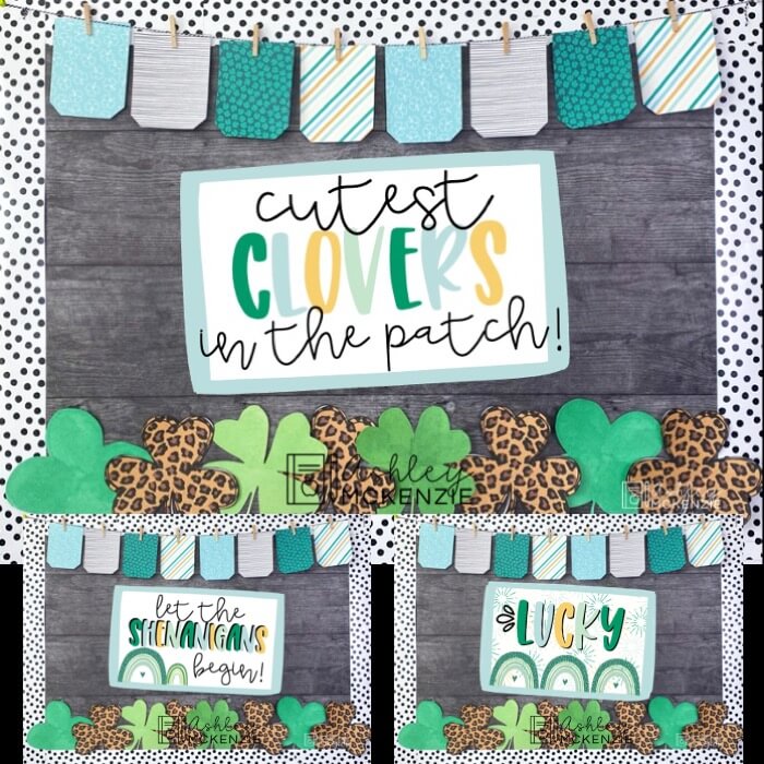 Clover themed Saint Patrick's Day bulletin board kits, featuring signs with festive sayings. Leopard print shamrocks and green clovers frame the board.