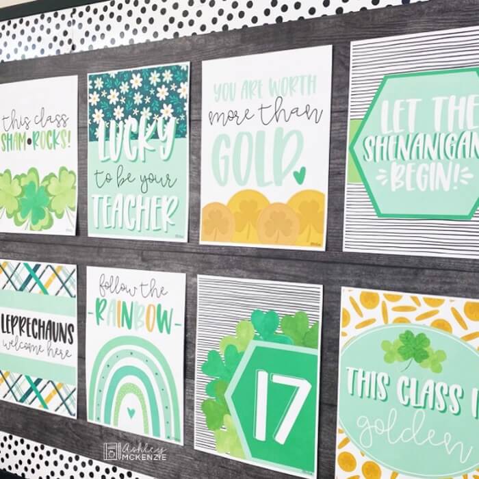 Saint Patrick's Day classroom decor themed classroom posters featuring green, blue, and yellow hues. 