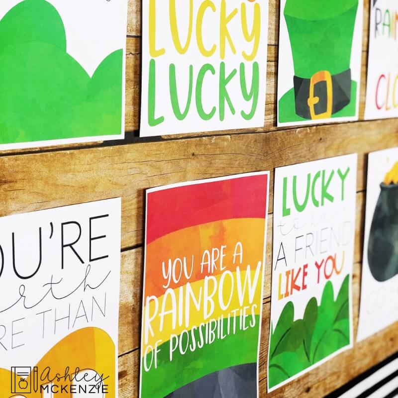 Saint Patrick's Day Classroom Decor posters with colorful designs and positive messages.