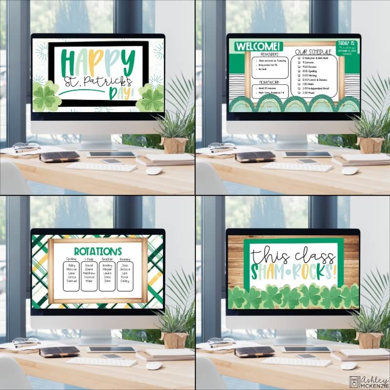 Saint Patrick's Day themed Google Slides Templates featuring clovers, and a green, blue, and yellow color palette.