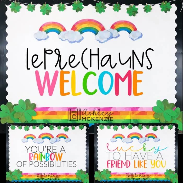 Rainbow themed Saint Patrick's Day bulletin board kits featuring rainbow colors and fun, festive sayings.