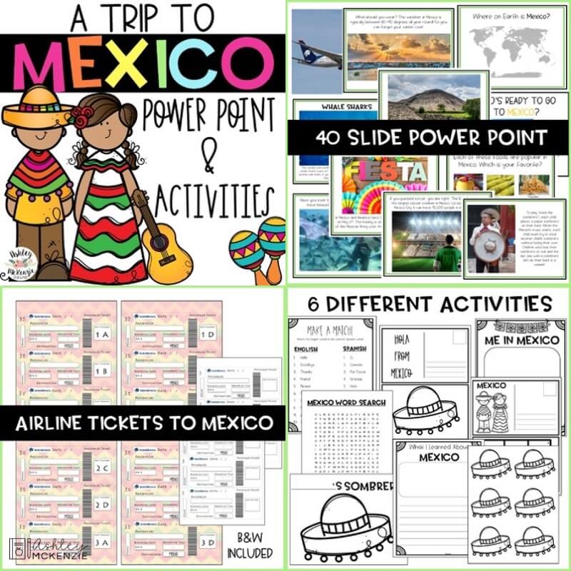 A trip to Mexico PowerPoint and activities set includes a 40 slide presentation, printable faux plane tickets to Mexico, and printable activities to accompany the presentation.