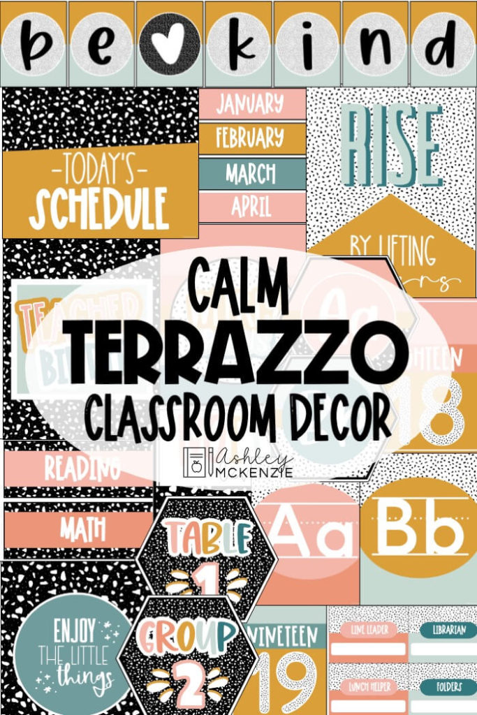 The full Calm Terrazzo Classroom Decor Bundle includes tons of printable resources all sharing a common theme and color scheme.