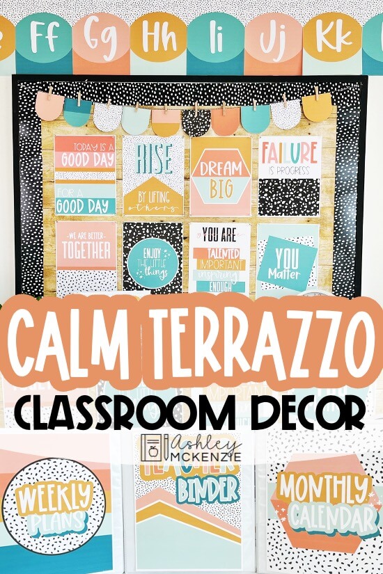 This Calm Terrazzo Classroom Decor bundle will make your classroom a tranquil retreat! Colorful classroom posters and teacher binder covers make this theme standout.