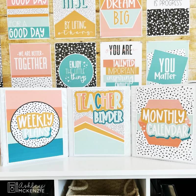 Three different teacher binder covers with unique and modern designs are featured. A "Weekly Plans," "Teacher Binder," and "Monthly Calendar" cover are each displayed with complimentary colors and designs.
