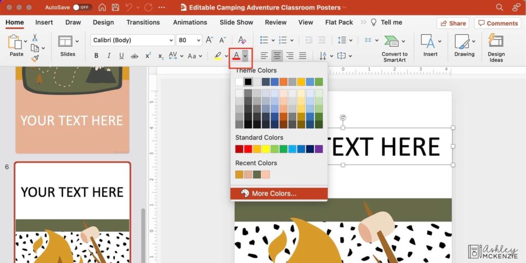 Use the font color dropdown menu to change the font while editing your classroom decor.