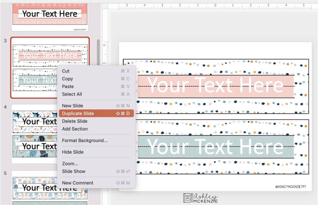 Screen ship showing how to duplicate a slide in PowerPoint. Right click on the slide you want to copy from the thumbnail pane on the left. Select duplicate slide.
