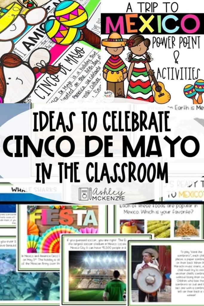 Ideas to celebrate Cinco de Mayo in the classroom. Colorful holiday themed writing craft examples, and colorful slides from a presentation about Mexico.