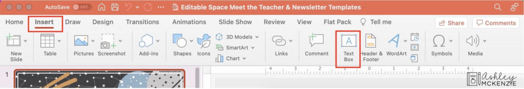 Screen snip showing how to use Microsoft PowerPoint to edit your classroom decor. Insert a text box on the slide to add your own text.