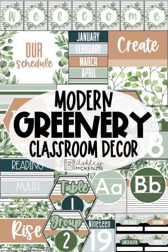 A collage of modern greenery classroom decor resources.