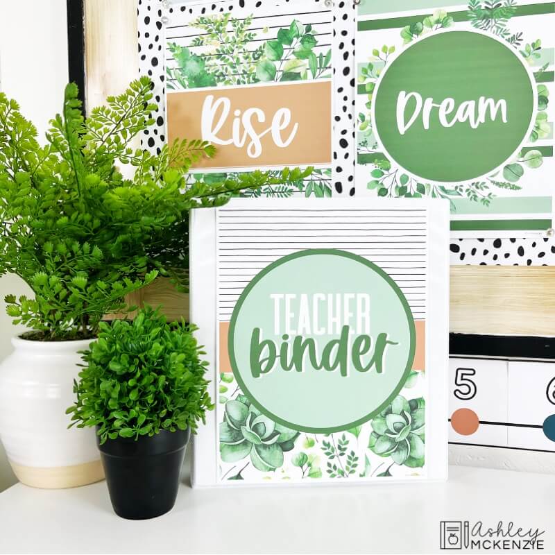 A teacher binder cover featuring plants and greenery.