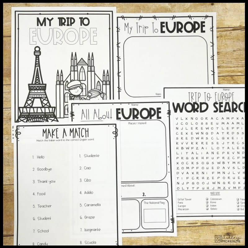 Multiple fun student handouts to use during a virtual class field trip to Europe.