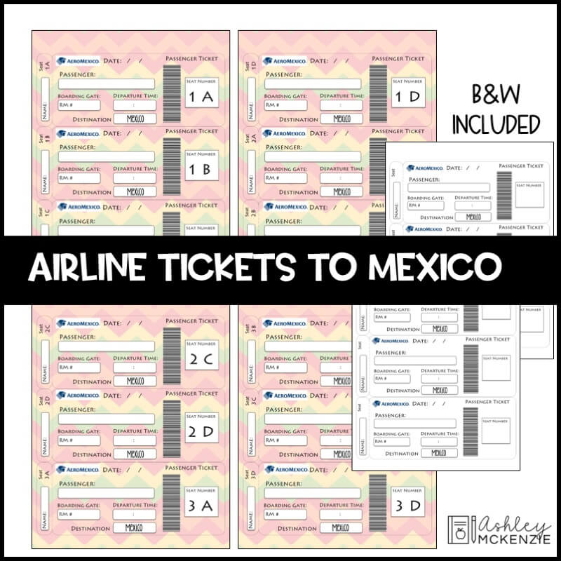 Templates to create pretend airline tickets for students during a virtual class field trip to Mexico.