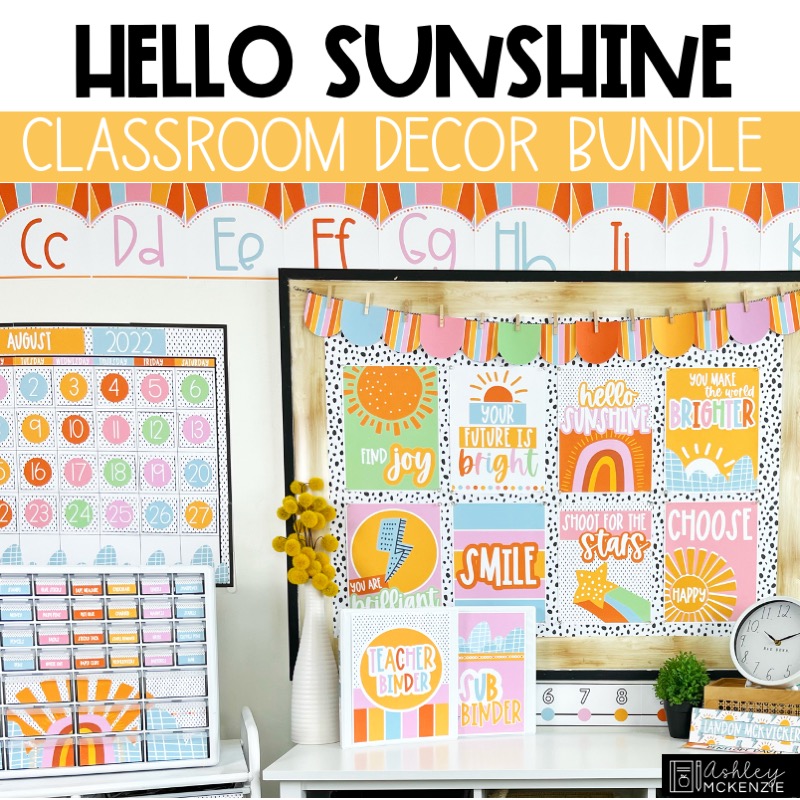 A bright and cheerful classroom decorated in a sunshine theme. The design features vibrant yellow and orange tones along with pastels. 