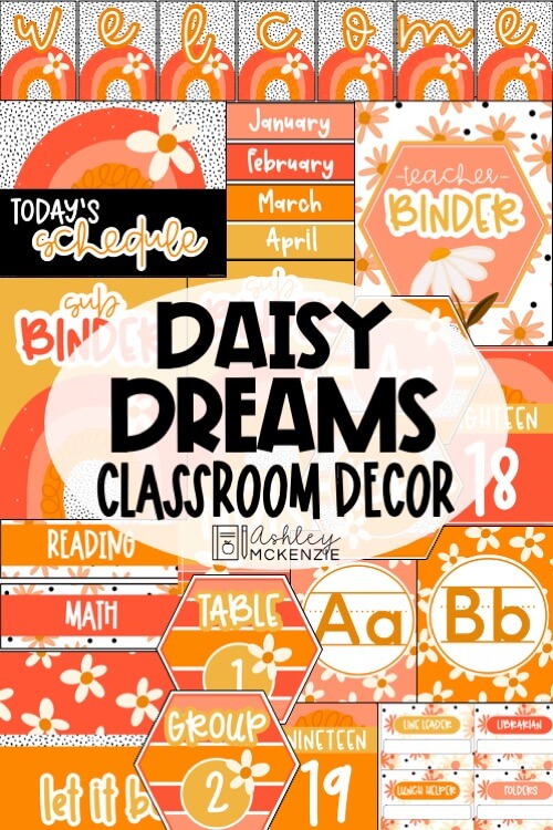 A bright collage of daisy themed classroom decor resources.