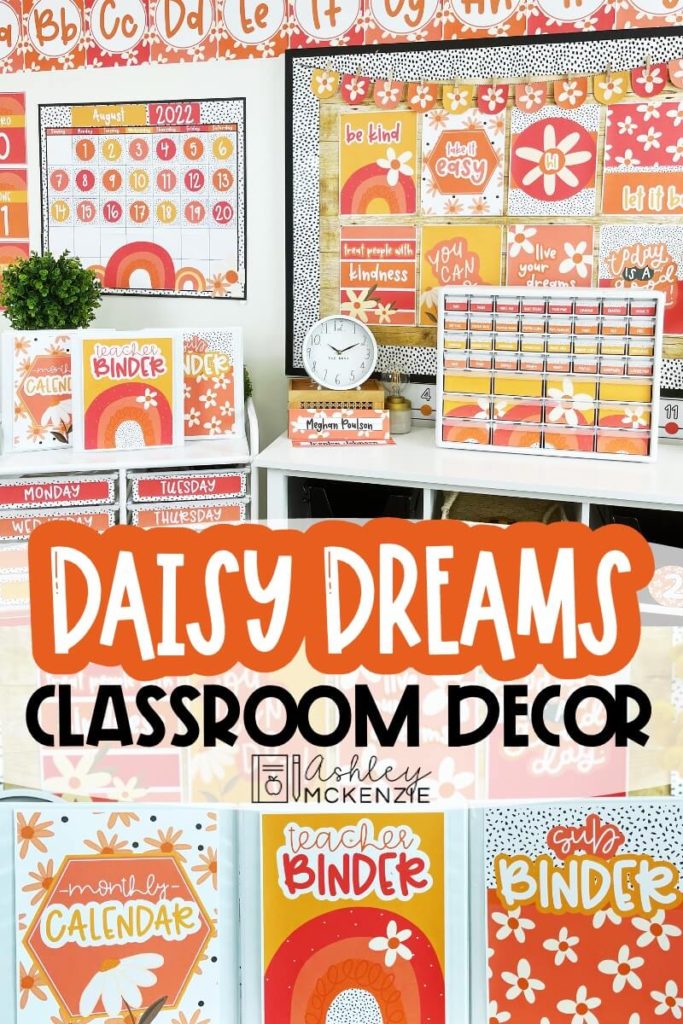 A daisy themed classroom decor bundle is displayed featuring red, orange, yellow, and pink tones as well as daisy images. 