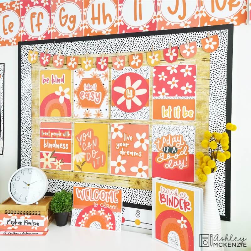 A bulletin board featuring lively daisy themed classroom posters.