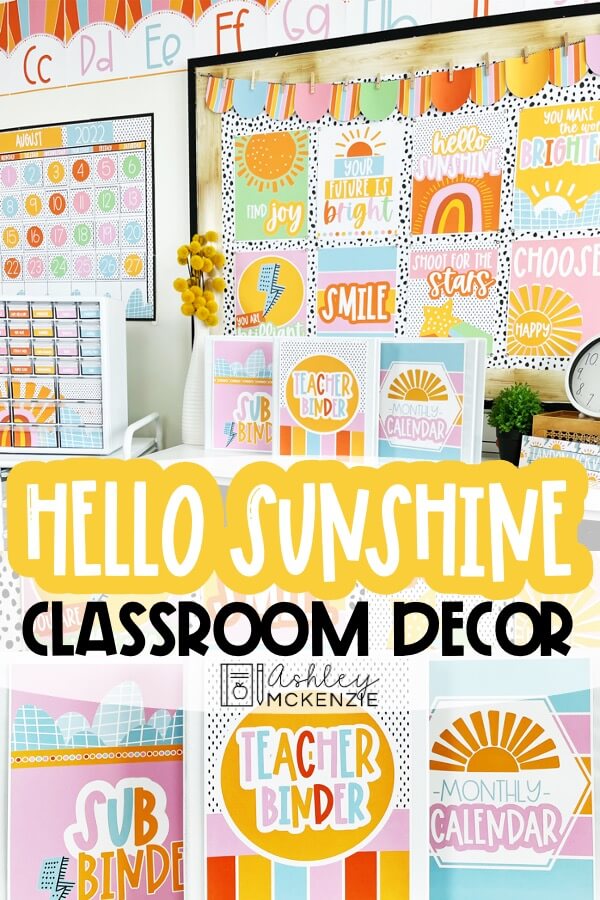 This Hello Sunshine classroom decor theme features bright colors and also pastels to ground the design. It's both vibrant and calming at the same time. 