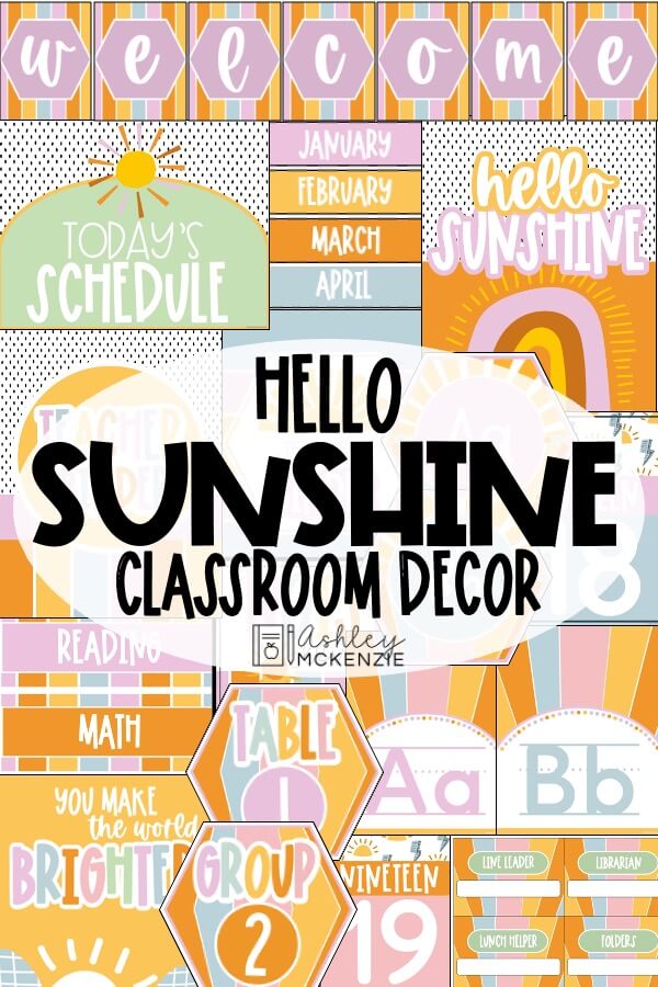 A collage of sunshine themed classroom decor resources. Schedule cards, alphabet posters, table signs, and much more all come in yellow, orange, pink, and blue colors.