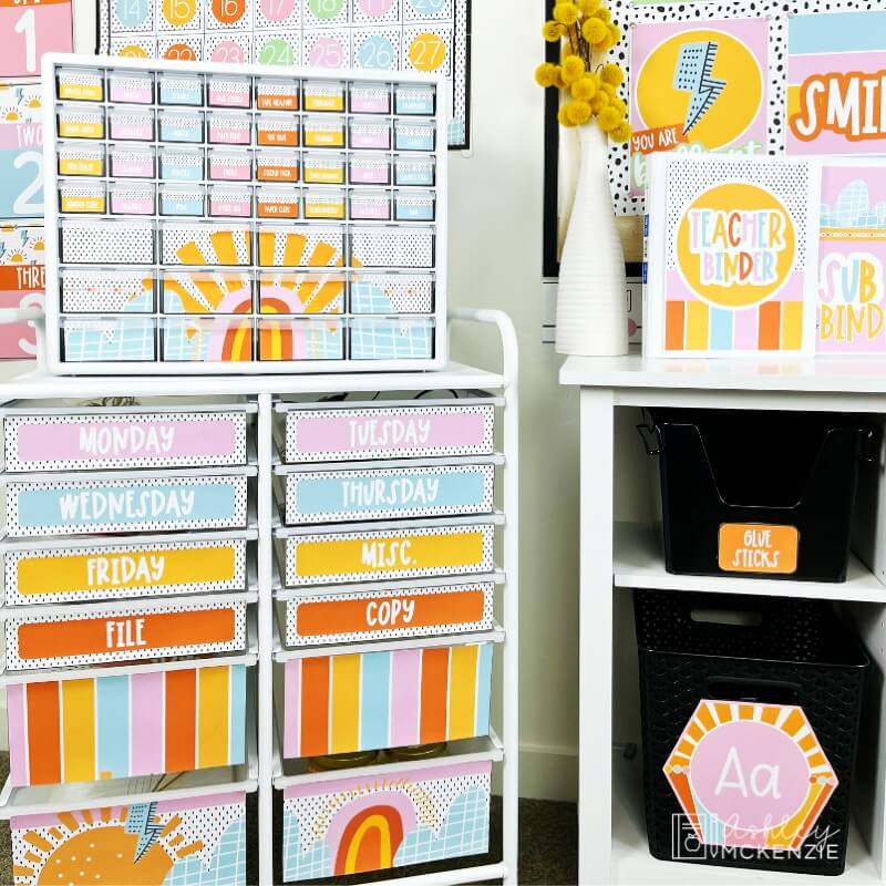 Teacher organizing tools are shown featuring brightly colored labels that match a common sunshine theme. 