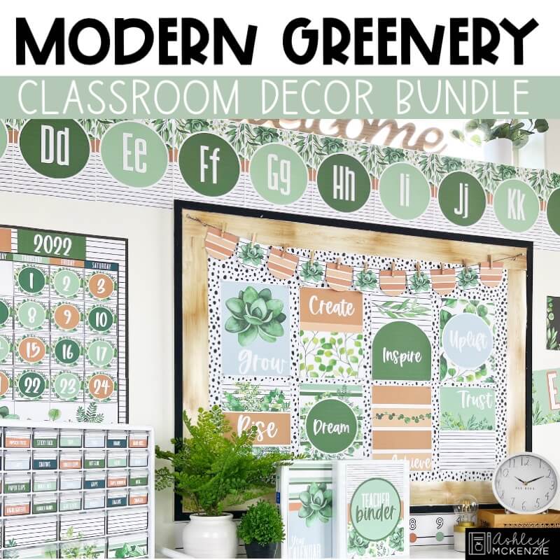 A classroom fully decorated with a greenery theme. Positive classroom posters are displayed on a bulletin board featuring delicate greenery images and green, blue, and peach colors.