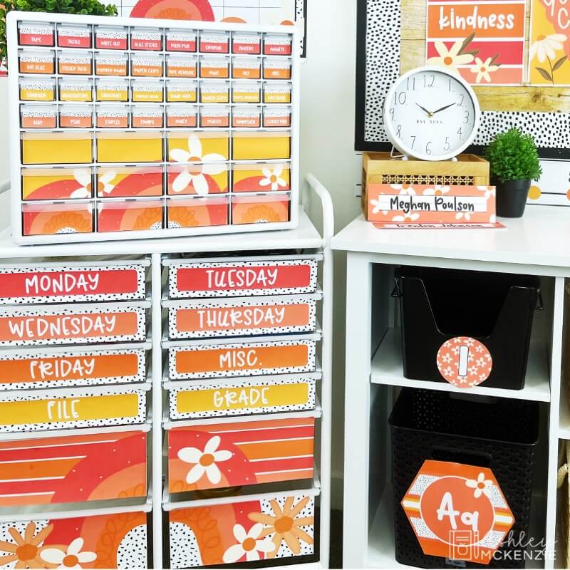A teacher toolbox and 12 drawer rolling cart decorated with colorful daisy themed labels.