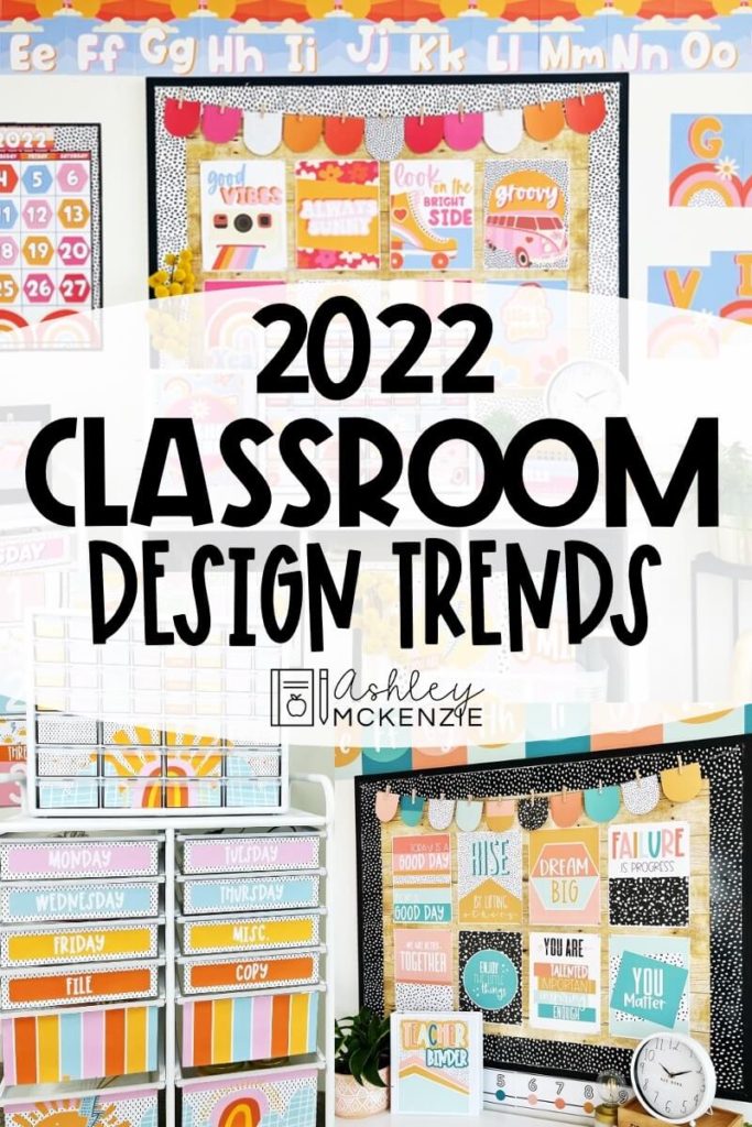 A blog post featuring 2022 classroom design trends. A retro design is highlighted, along with a cheerful sunshine theme and calming terrazzo decor.