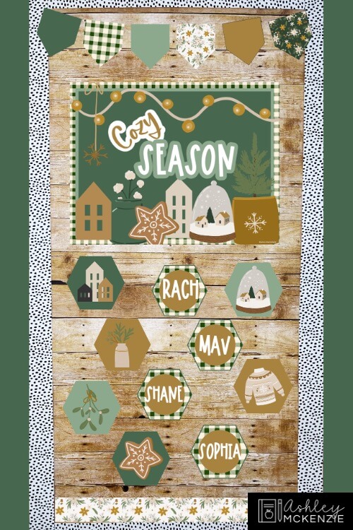 Modern Winter classroom decor is featured on a door display, featuring a sign that says "Cozy Season" and decorations with students' names and other modern winter images.
