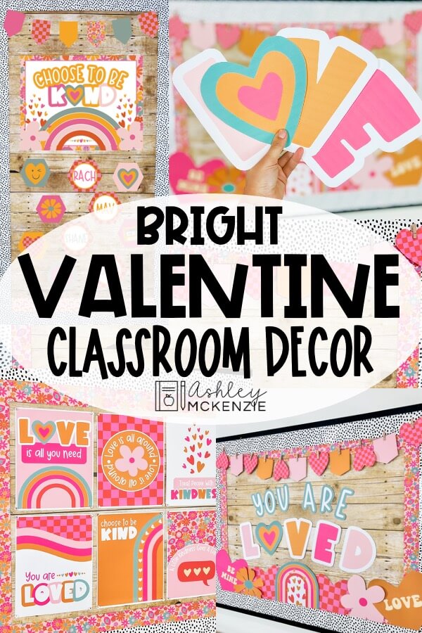 Bright Valentine's Day Classroom Decor is featured with decorations for classroom bulletin boards, wall displays, and door decorations.